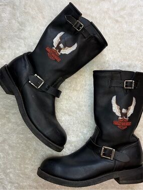 Harley Davidson black leather logo embroidered buckle motorcycle engineer boots